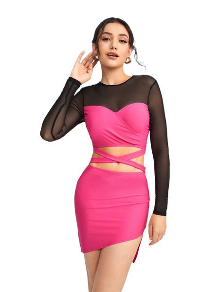 

x the lofty mom mesh panel cut out asymmetrical hem dress d3qz#, Black;gray