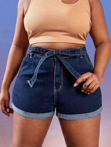 

plus high waist belted denim shorts v0yg#, White;black