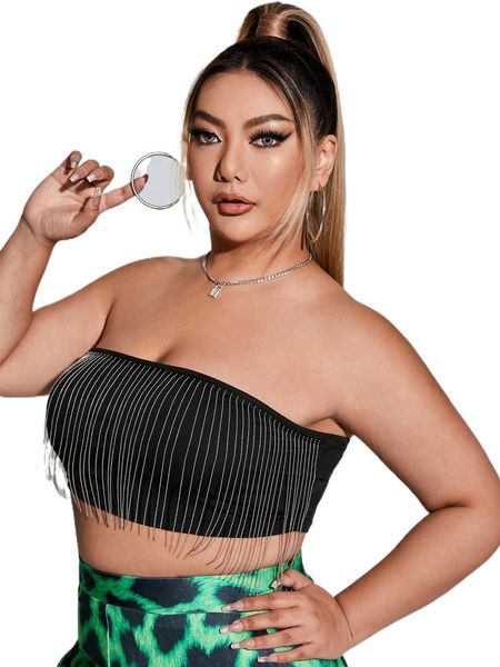 

plus fringe trim crop tube r5hw#, Black