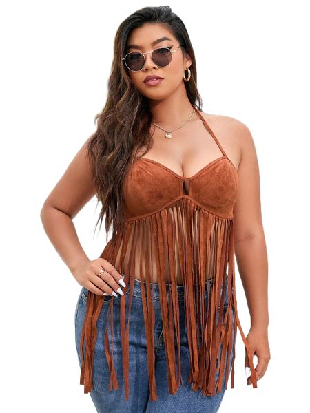 

plus fringe hem tie backless halter 69s5#, Black