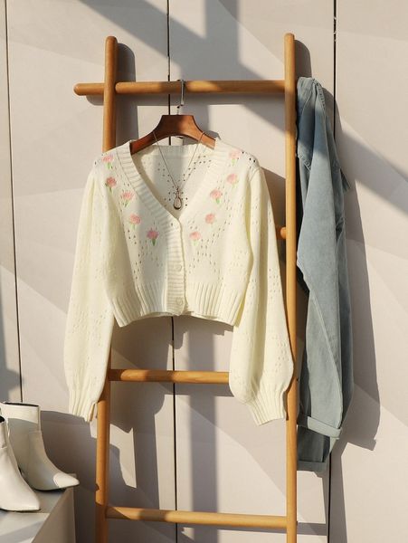 

flower embroidery pointelle knit crop cardigan l4iw#, White;black