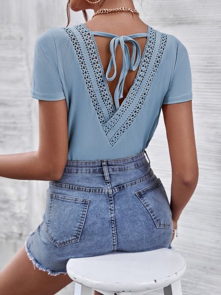 

guipure lace insert tie back tee o5u3#, White