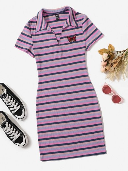 

ribbed rainbow striped butterfly embroidery dress q0e3#, Black;gray