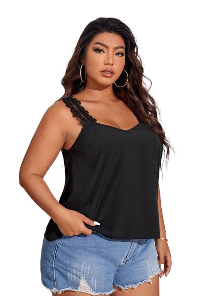 

plus guipure lace panel cami 57so#, Black