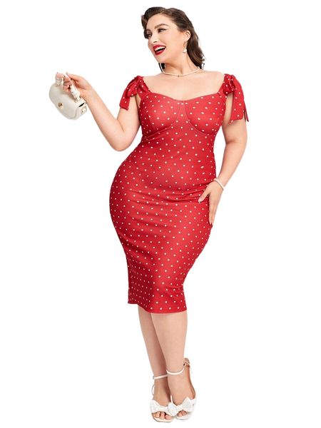 

plus polka dot print tie shoulder split back dress c6yj#, Black