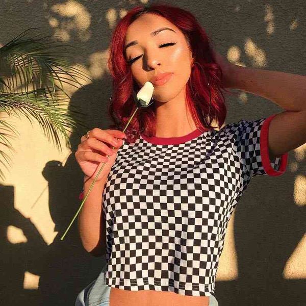 

women's t-shirt 715 aa style black and white check short t-shirt 6m2x