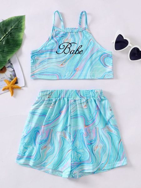 

girls marble and letter graphic crop cami with shorts she, White