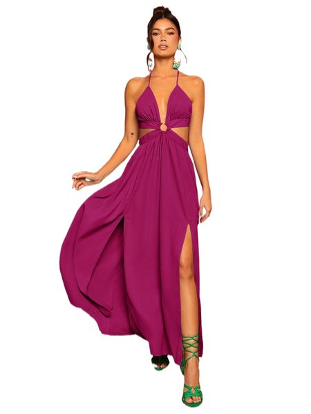 

ring linked criss-cross tie backless -slit hem maxi dress y9ym#, Black;gray