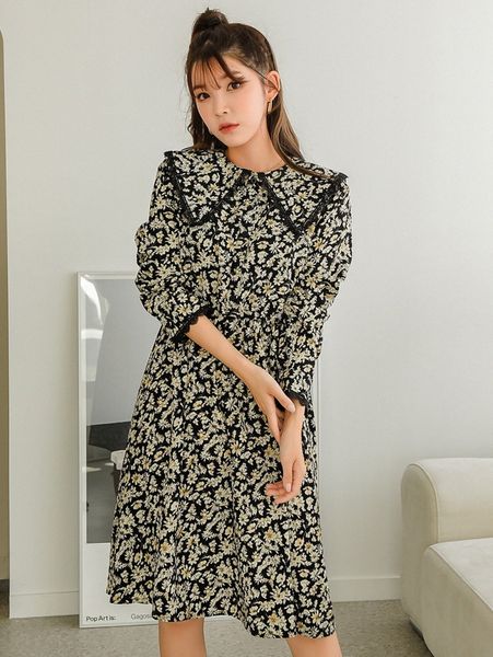 

dazy allover floral print lace trim statement collar dress w782#, Black;gray