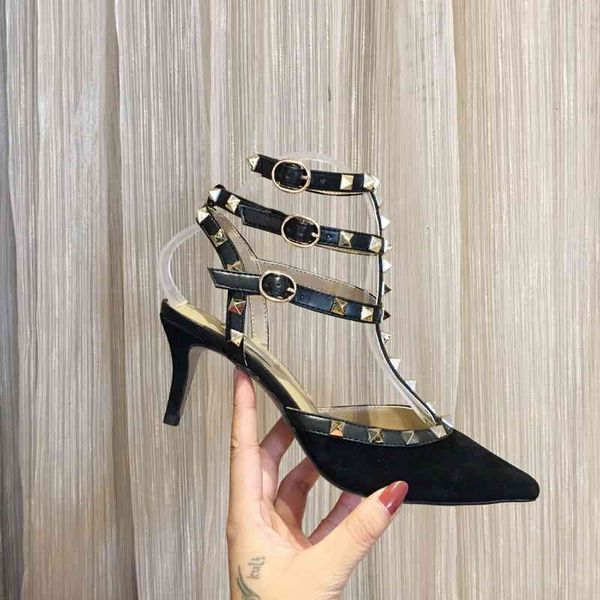

brand sandals women high heel sandalsdesigner ladies suede genuine leather three rivets straps summer sandals dress wedding shoes 35-42 vxon, Black