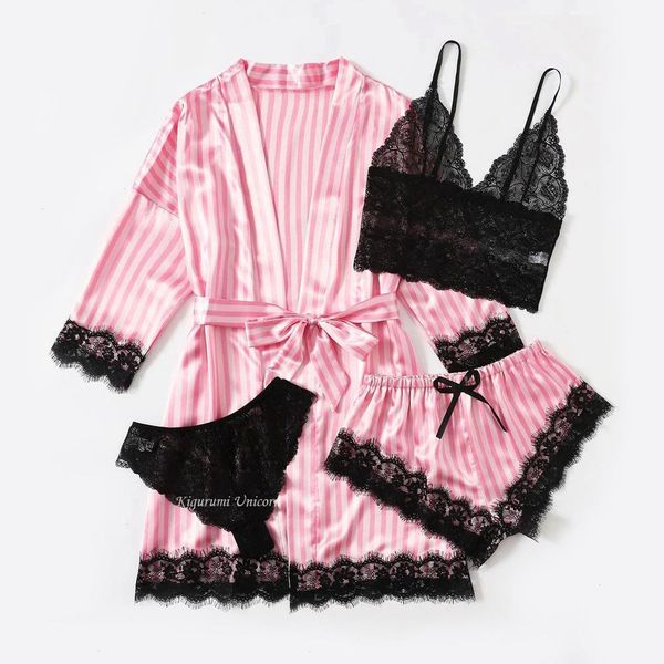 

woman sleepwear 4pcs floral lace trim satin pajamas set with robe faux silk pijamas sets casual home clothes nightwear, Black;red