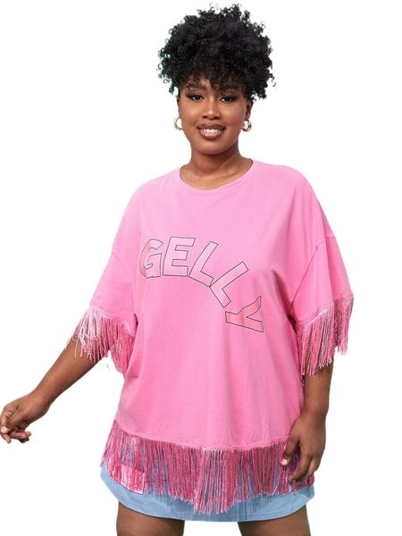 

x gelly plus letter graphic fringe trim drop shoulder tee a4ht#, Black