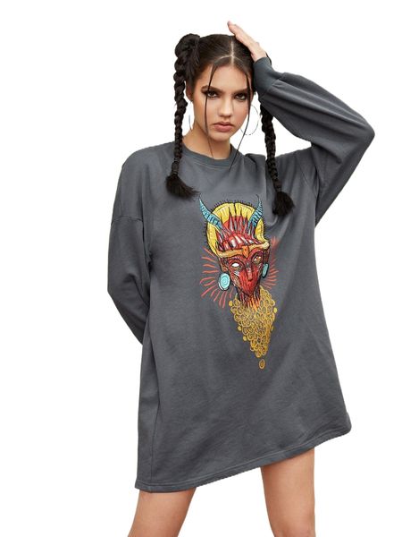 

x el rincon graphic print drop shoulder sweatshirt dress c8z2#, Black
