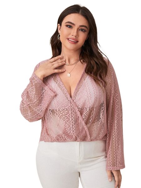 

plus flounce sleeve surplice neck eyelet o2uh#, Black