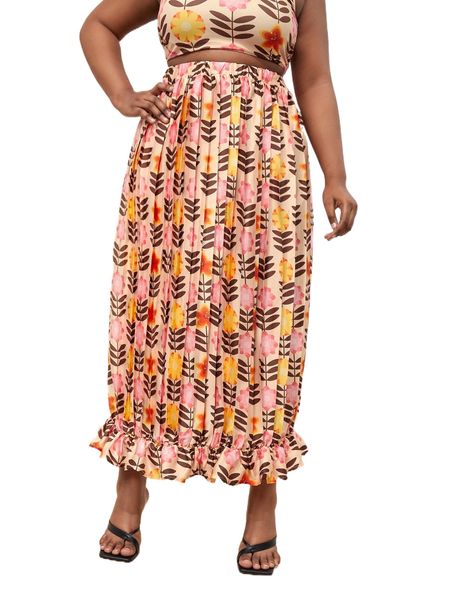 

x kymmadoodles plus allover floral print ruffle hem pleated skirt 49cs#, Black