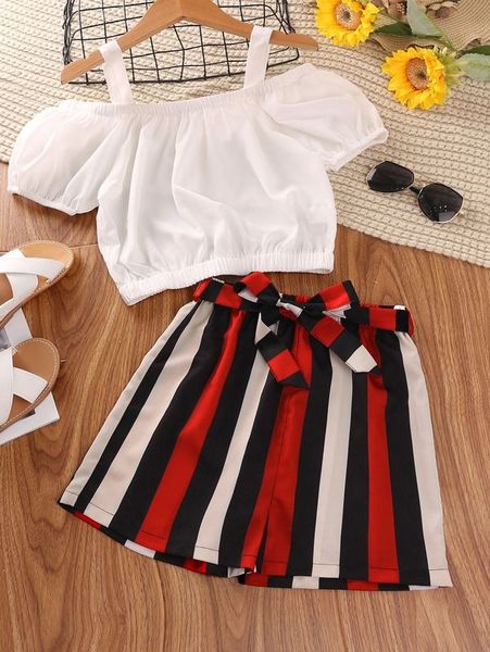 

girls cold shoulder & block striped belted shorts she01, White