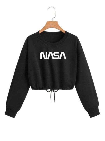 

letter graphic drawstring hem drop shoulder thermal crop pullover l4ju#, Black