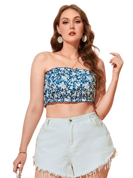 

plus 1pc allover floral print crop tube o86y#, Black