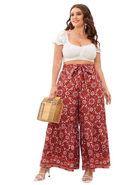 

plus all over floral print belted pants r7jd#, Black