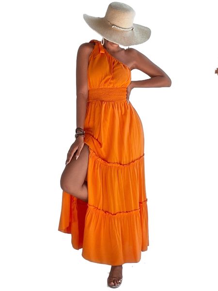 

one shoulder shirred waist ruffle hem split thigh dress s0iw#, Black;gray