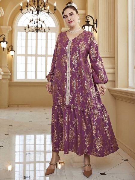 

plus random gold floral print lantern sleeve ruffle hem smock dress c9kl#, Black