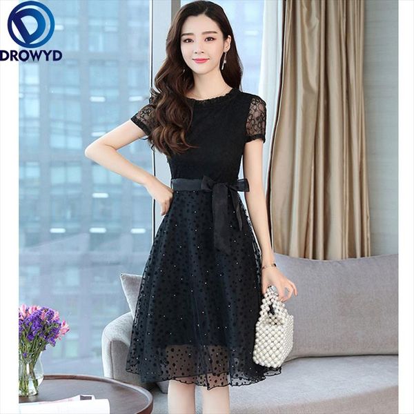 

summer black lace evening sun dress elegant women white hollow out o-neck ladies dresses party club vestidos, Black;gray