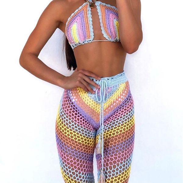 Grembiule Elegante misto cotone colorato all'uncinetto Set da 2 pezzi Donna Summer Festival Stretch Top e pantaloni Beach Outfit Coverup 220509