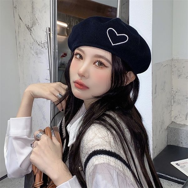 

spring summer womens beret womens japanese solid color heart embroidery painter artist hat student cotton linen pumpkin hat 220816, Blue;gray