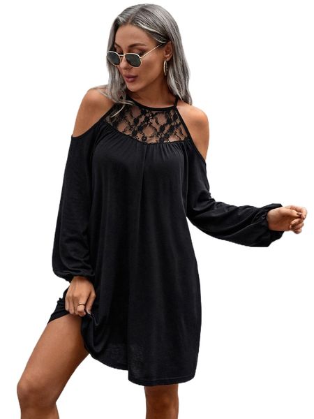 

cold shoulder lace insert dress h5ne#, Black;gray