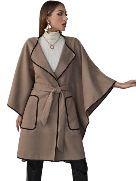 

contrast binding waterfall collar dolman sleeve belted coat r6km#, Black