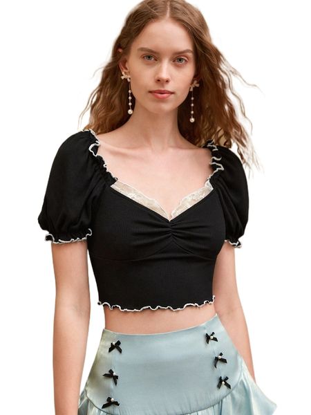 

mod contrast lace ruched bust puff sleeve crop tee p0f6#, White