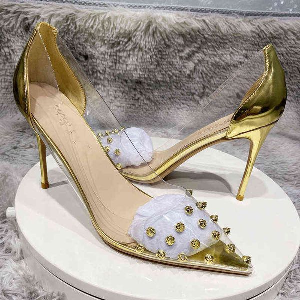 

12cmtransparent pvc high heelstransparent women's high shoes gold rhinestones pvc party wedding autumn size t220730, Black