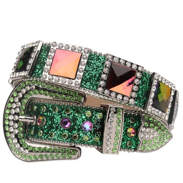 Cintos verdes quadrados de diamante de diamante Belt Womest Western Rhinestone Cowboy Crystal Cravedle Buckle Luxury Design couro para homens Cintos