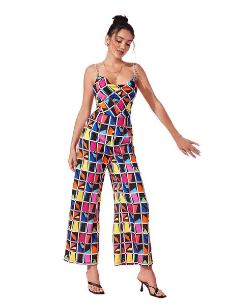 

x westinwalker geo print draped collar pearl beaded backless cami jumpsuit 75jf#, Black;white