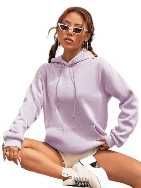 

solid kangaroo pocket drop shoulder drawstring thermal hoodie w4tx#, Black