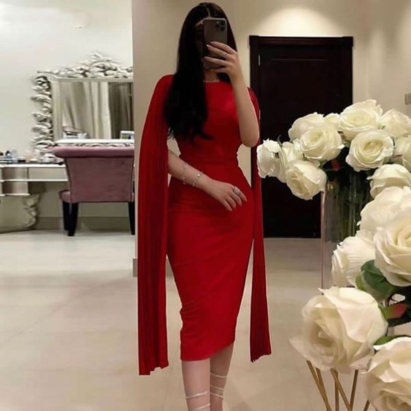 Meerjungfrau Red Arabien Midi Prom Kleider Plus Größe Langes offene Ärmeln Dubai Formal Abend Partykleider Tee Legth