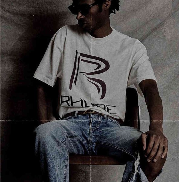 

american fashion brand rhude title flag printed high street loose casual men's and women's short sleeved t-shirt, White;black