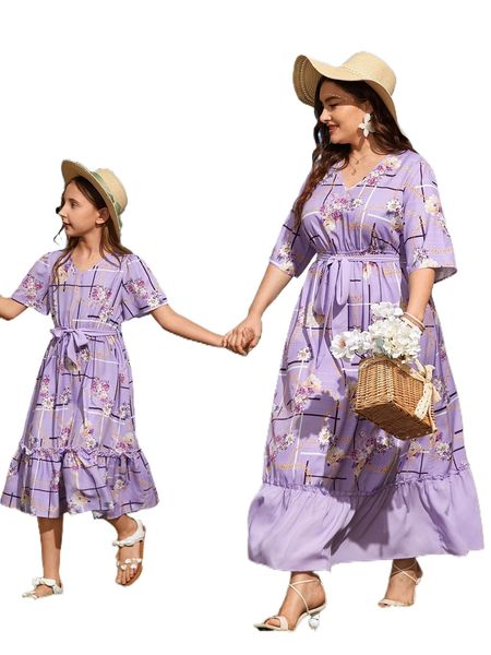 

plus 1pc chain & floral print ruffle hem belted dress x8zv#, Black