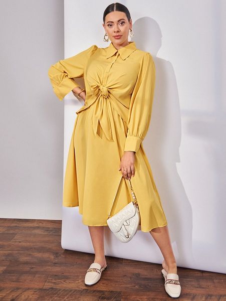 

plus tie front bishop sleeve shirt dress d8mp#, Black