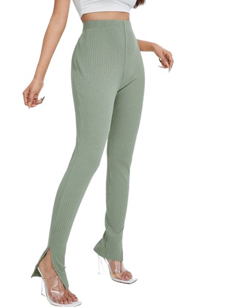 

ribbed high-rise split hem pants v7jb#, Black;white