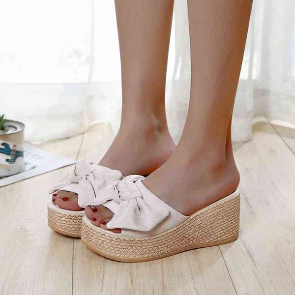 

fashion roman shoes 2022 summer wedges women sandals beach bowknot slippers thick platform flip flops female footwear new slides y220412, Black