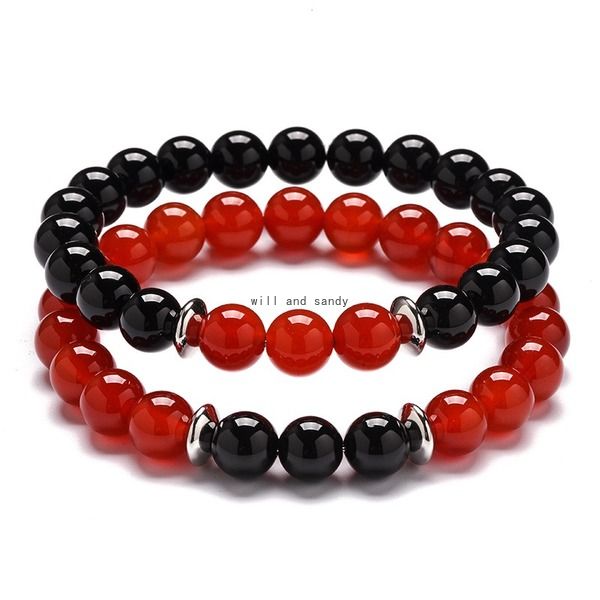 Pulseira de cintur￣o de onyx vermelho preto de 8 mm BraCeletes de pedra natural BraCeletes de pedra natural para homens Mulheres moda j￳ias finas