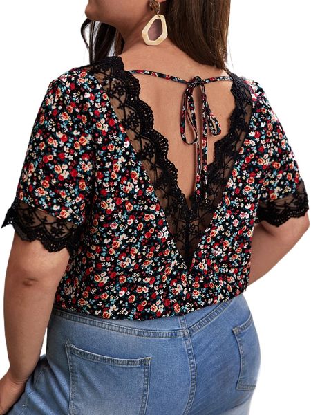 

plus ditsy floral contrast guipure lace tie back blouse 30hq#, Black