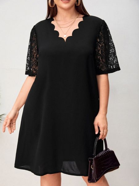 

plus scallop trim contrast lace tunic dress h0vl#, Black