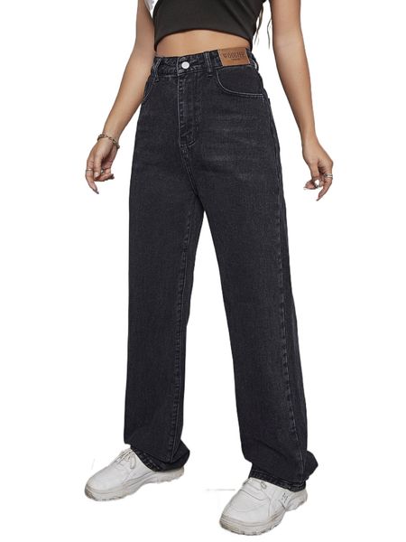 

high waist letter patch detail straight leg jeans l7ar#, Blue