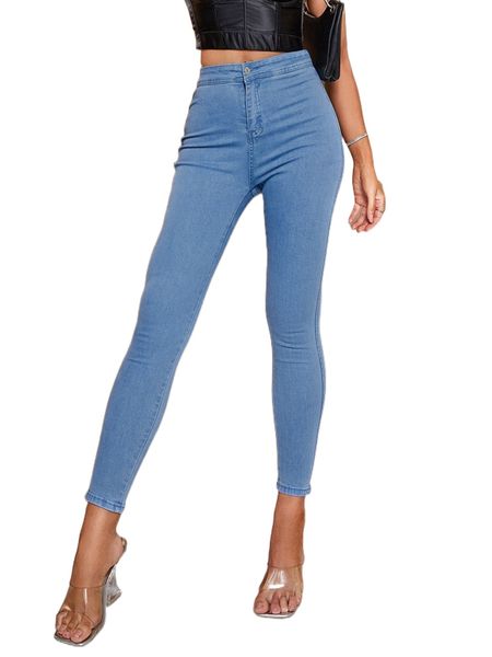 

high waist patched skinny jeans r660#, Blue