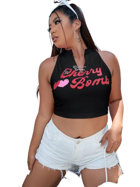 

plus cherry & letter print notched neck tank 84kt#, Black
