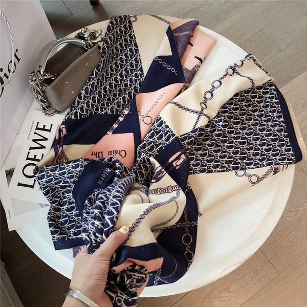 

live broadcast classic d letter chain imitation cashmere scarf women's autumn and winter air conditioning room thickened brand quality, Blue;gray