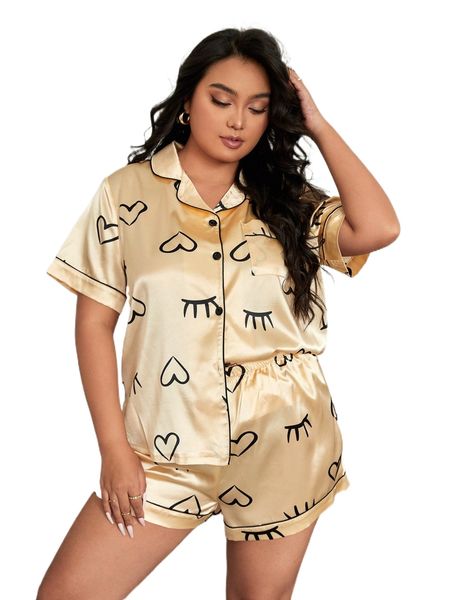 

plus eyelash & heart print contrast piping satin pj set z0x3#, Black;white