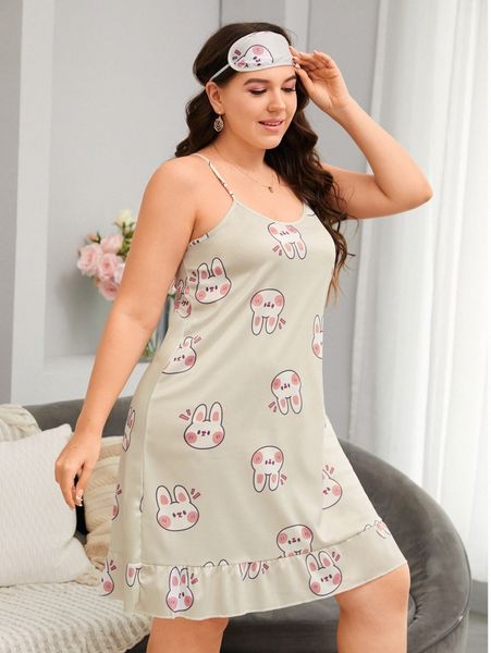 

plus cartoon rabbit ruffle hem cami nightdress & eyecover y2r7#, Black;white